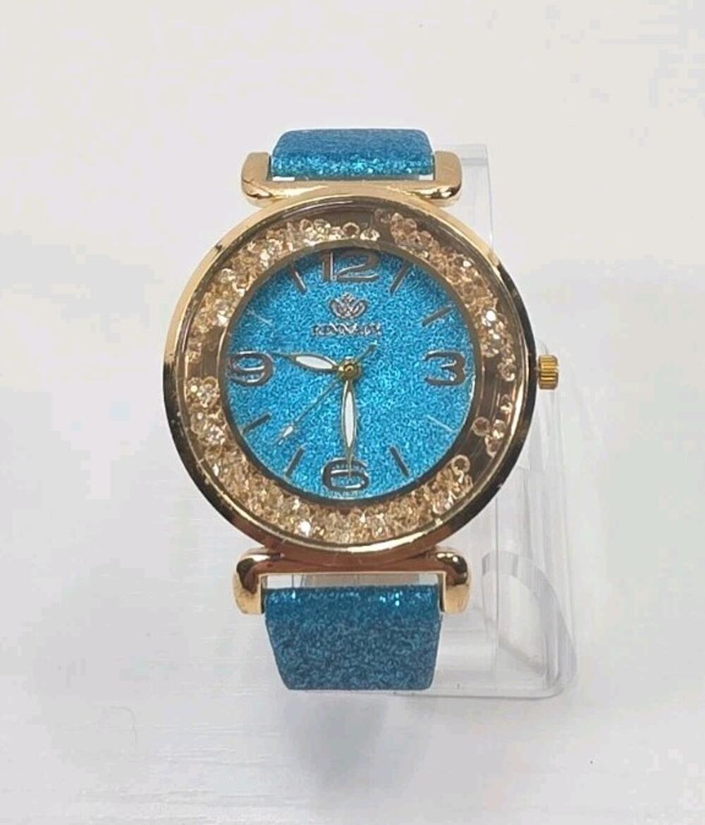 Rinnady Gold Tone Gems Encased Blue Glitter Band Womens Watch New Battery W243